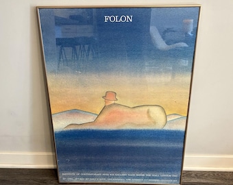 Vtg Jean Michel Folon Poster 1977 London Exhibit Printed in Italy framed 23"x31"