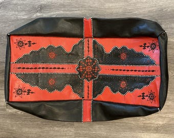 Rectangular leather pouf ottoman handmade Black Red Moroccan *cover only*