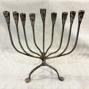 Metal 9 Branch Menorah Candle Holder Brutalist Hanukkah Jewish Silver Tone Deco