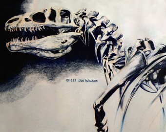 Allosaurus Skeleton PRINT of dinosaur pastel drawing by Joe Winans c.1989