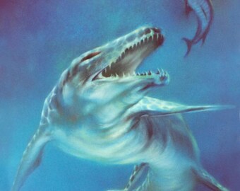 Mosasaur 1 PRINT of prehistoric reconstruction pastel drawing by Joe Winans c.1986