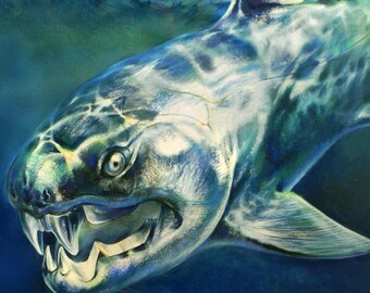Dunkleosteus I PRINT of prehistoric reconstruction pastel drawing by Joe Winans c.1990