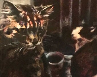 Cats PRINT of animal pastel drawing by Joe Winans c.1989