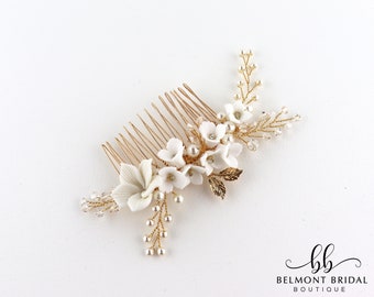 Wedding Headpiece | Gold Bridal Hair Piece | Clay Flower Hair Comb | Hair Comb for Bride | Bridesmaids Gift | TAIPEI