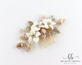 Wedding Hair Piece | Gold Bridal Headpiece | Clay Flower Hair Comb | Crystal Hair Comb | Floral Hair Comb | Bridesmaids Gift | MECCA