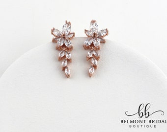 Rose Gold Wedding Earrings | Drop Bridal Earrings | Statement Wedding Earrings | Cubic Zirconia Earrings | CZ Bridal Earrings | FERRARA