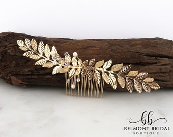 Leaf Hair Comb | Gold Bridal Hair Piece | Wedding Headpiece | Pearl Hair Comb | Olive Leaf Hair Comb | Vine Hair Accessory | ATHENS