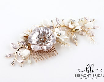Wedding Hair Piece | Floral Hair Comb | Bridal Headpiece | Clay Flower Hair Piece | Gold Hair Comb | Hair Accessories | VALLETTA