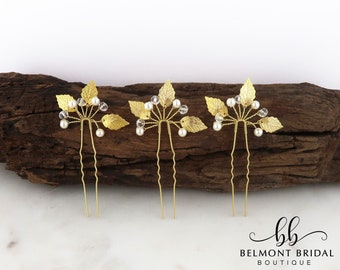 Leaf Hair Pin | Wedding Hair Pins | Gold Bridal Headpiece | Leaf Hair Piece | Pearl Hair Pins | Wedding Hair Piece Gold | CASABLANCA