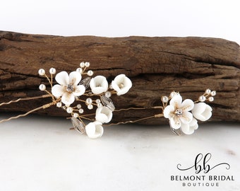 Wedding Hair Pins | Clay Flower Hair Pins | Gold Hair Pins | Bridal Hair Piece | Wedding Headpiece | ISOLA BELLA