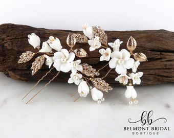 Wedding Hair Pins | Clay Flower Hair Piece | Pearl Hair Pins | Gold Leaf Hair Pin | Bridal Headpiece | Hair Pin Set | TOBERMORY