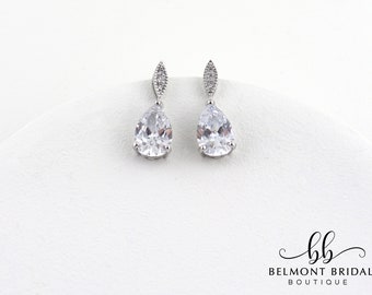 Bridal Earrings Silver | Tear Drop Earrings | Cubic Zirconia Stud Earrings | Wedding Earrings | Bridesmaid Earrings | PAI