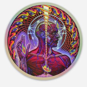 May include: Round sticker with a vibrant, psychedelic illustration. The artwork features a human figure with exposed musculature, a central energy column, and numerous eyes. The color palette includes reds, purples, yellows, and blues, creating a visually intense design.