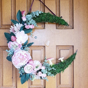 Mushroom Forest Crescent Moon Wreath w/ Salt Stone