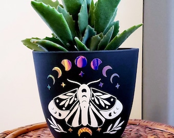 Holographic Moon Phase Lunar Moth Planter w/ Drip Tray