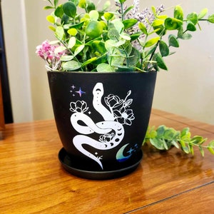 Pode incluir: Vaso de cerâmica preto com um design de cobra branca, lua e estrelas. O vaso está cheio de plantas verdes e roxas.