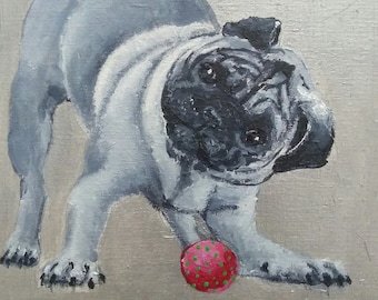 Handmade painting, "Pug and Ball", original art
