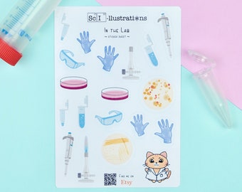 Sticker sheet IN THE LAB | lab equipment|pipette|goggles|petri dish|bunsen burner|contamination|streak plate| biology self made hand drawn