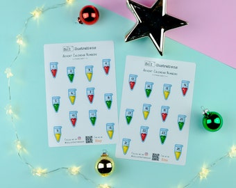 Sticker sheet ADVENT CALENDAR NUMBERS | Christmas | lab equipment | reaction tube | science | biology self made hand drawn