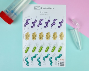 Stickervel BACTERIN | Campylobacter | Stafylokokken | E. coli | Helicobacter | biologie micro-organismen zelfgemaakt met de hand getekend