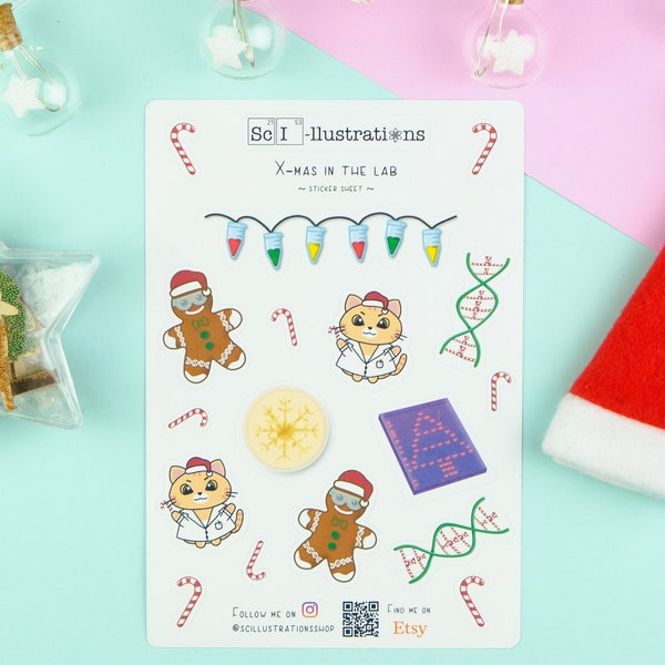 Sticker sheet XMAS in the LAB | Christmas | gingerbread man | light chain | candy cane DNA | agarose | kitty | biology self made hand drawn