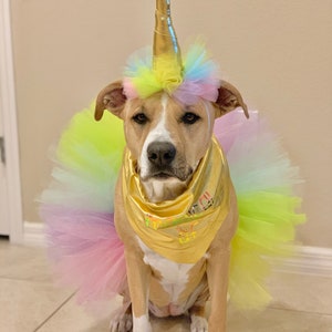 Magical AF Unicorn Dog Costume: Cute, Fluffy, Large Tutu- Gold Horn Headband - Halloween Outfit - Fur Baby Pet Birthday - Dog Clothes