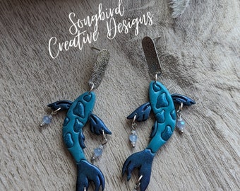 Jewel of the Sea, Koi Fish Dangles in Sapphire & Silver, Polymer Clay Earrings, Stainless Steel Posts, Glass Bead Charms