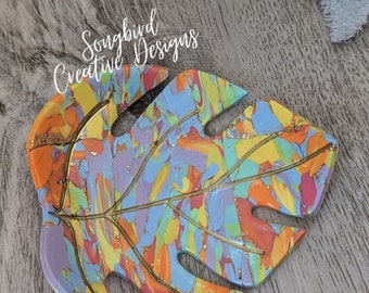 Marbled Pastel Rainbow Monstera Leaf with Gold Veins, Polymer Clay Trinket Dish, *EARRINGS NOT INCLUDED*