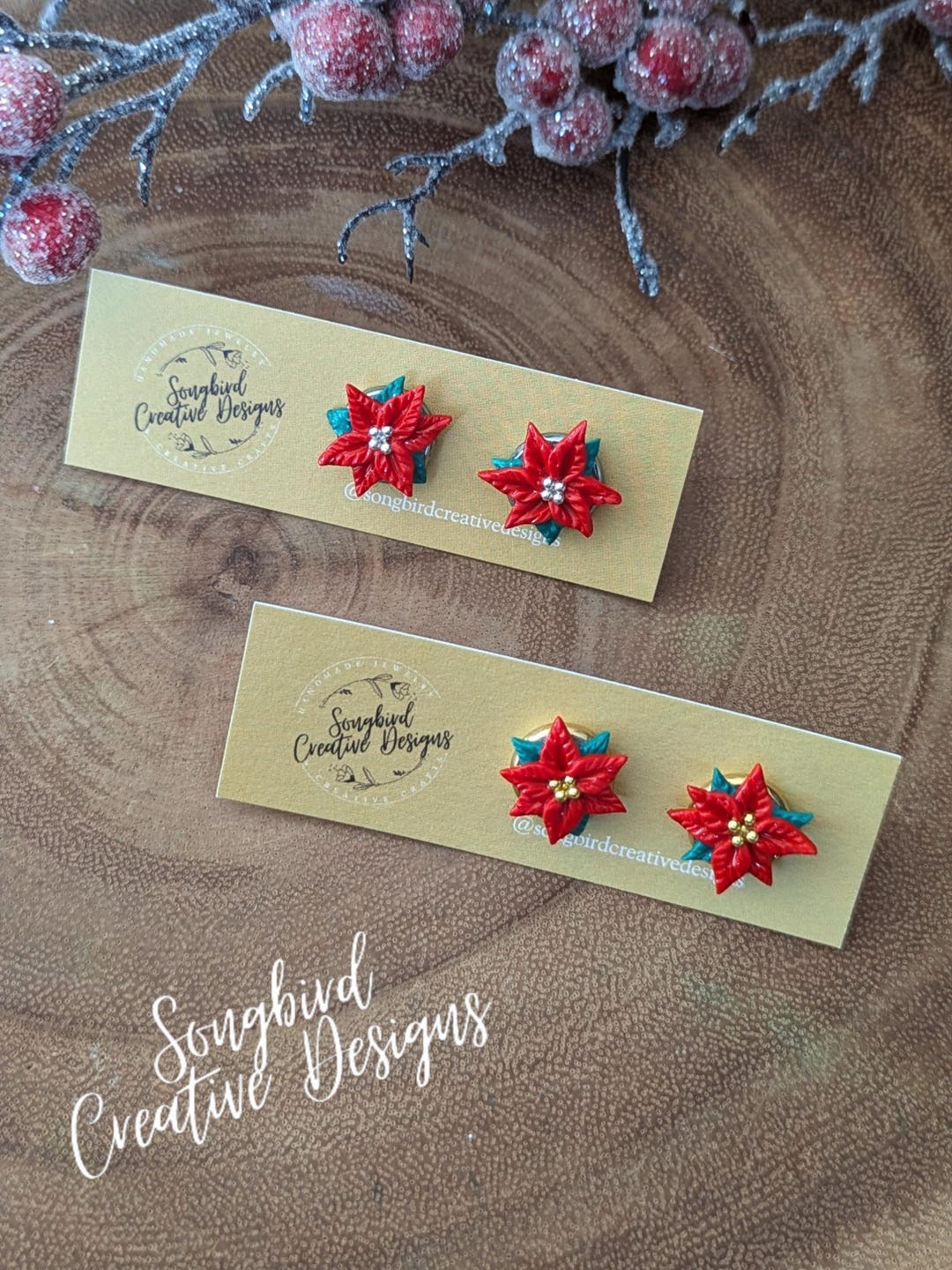 Red Poinsettia Flower Bezel Studs, Polymer Clay Earrings, Gold or ...