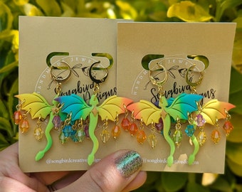 Vibrant Rainbow Dragon Dangles, Polymer Clay Earrings, Acrylic Rainbow Bead Charms, Stainless Steel Clasps