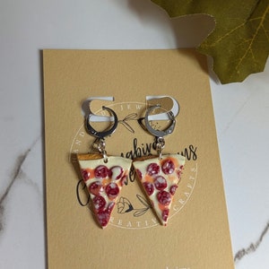 Pepperoni Pizza Dangles, Handmade Pizza Earrings, Polymer Clay Earrings, Stainless Steel Clasps, Clay Food Earrings