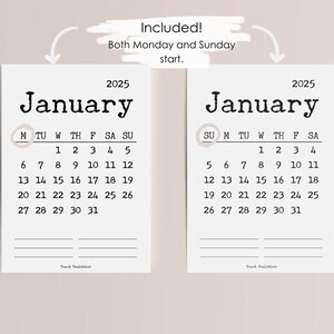 2025 Monthly Calendar,  Monday Start, Sunday Start, PDF Digital Calendar, Printable Calendar, Instant Download, Desk and Wall Calendar