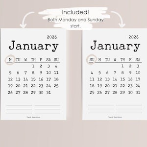 2026 Monthly Calendar,  Monday Start, Sunday Start, PDF Digital Calendar, Printable Calendar, Instant Download, Desk and Wall Calendar,