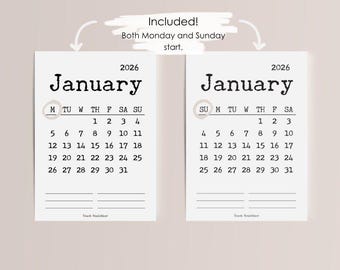 2026 Monthly Calendar,  Monday Start, Sunday Start, PDF Digital Calendar, Printable Calendar, Instant Download, Desk and Wall Calendar,