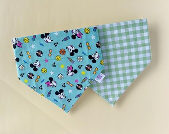 Reversible Disney Dog Bandana, Mickey and Minnie Mouse, Green Gingham
