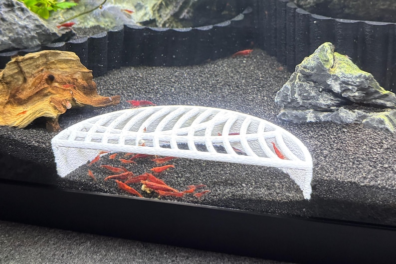 May include: White plastic shrimp breeding box with a grid pattern. The box is placed in a fish tank with black gravel and red shrimp swimming inside.