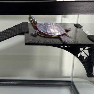 May include: Black turtle basking platform with a ramp for a turtle tank. The platform is made of black plastic and has a suction cup to attach to the tank. The ramp is also made of black plastic and has a textured surface.