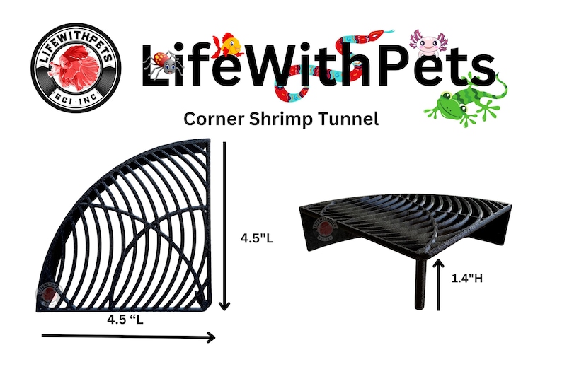 K&ouml;nnte beinhalten: Schwarzer Eck-Shrimp-Tunnel, 11,4 cm lang und 3,6 cm hoch, mit geschwungenem Design. Das Produkt ist mit "Life With Pets" beschriftet und enth&auml;lt den Text "Corner Shrimp Tunnel."