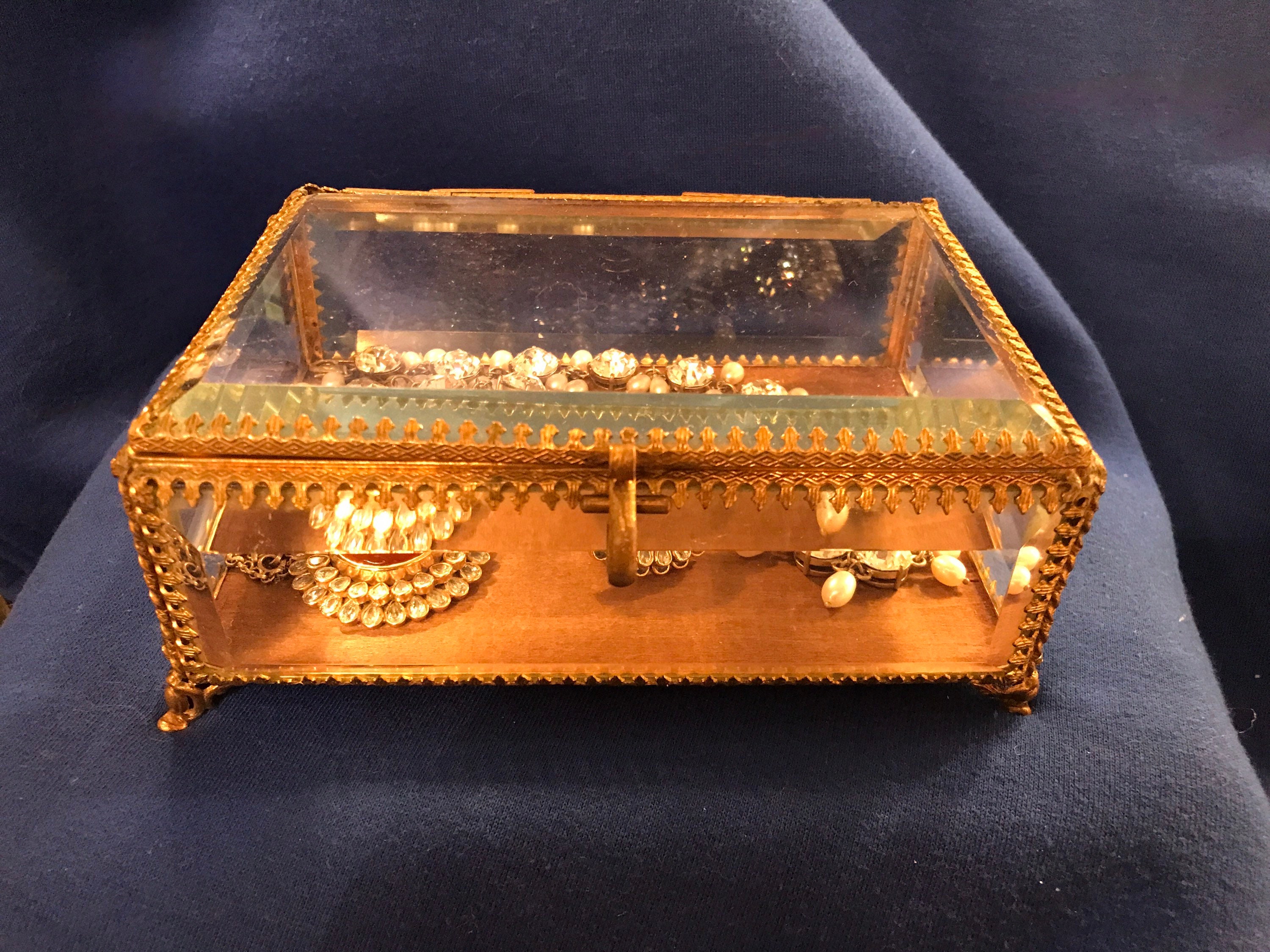 Vintage Jewelry glass and gold box Hollywood regency beveled Etsy