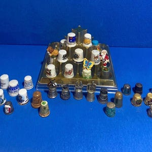 Vintage thimble collection, 38 total. Pewter, porcelain, wood, & metal. Variety!