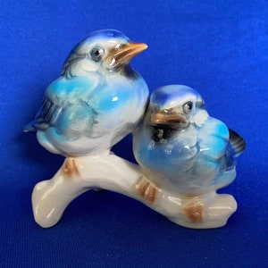 Vintage Goebel Bird Figurines, Bluebirds, Pair, Baby Birds