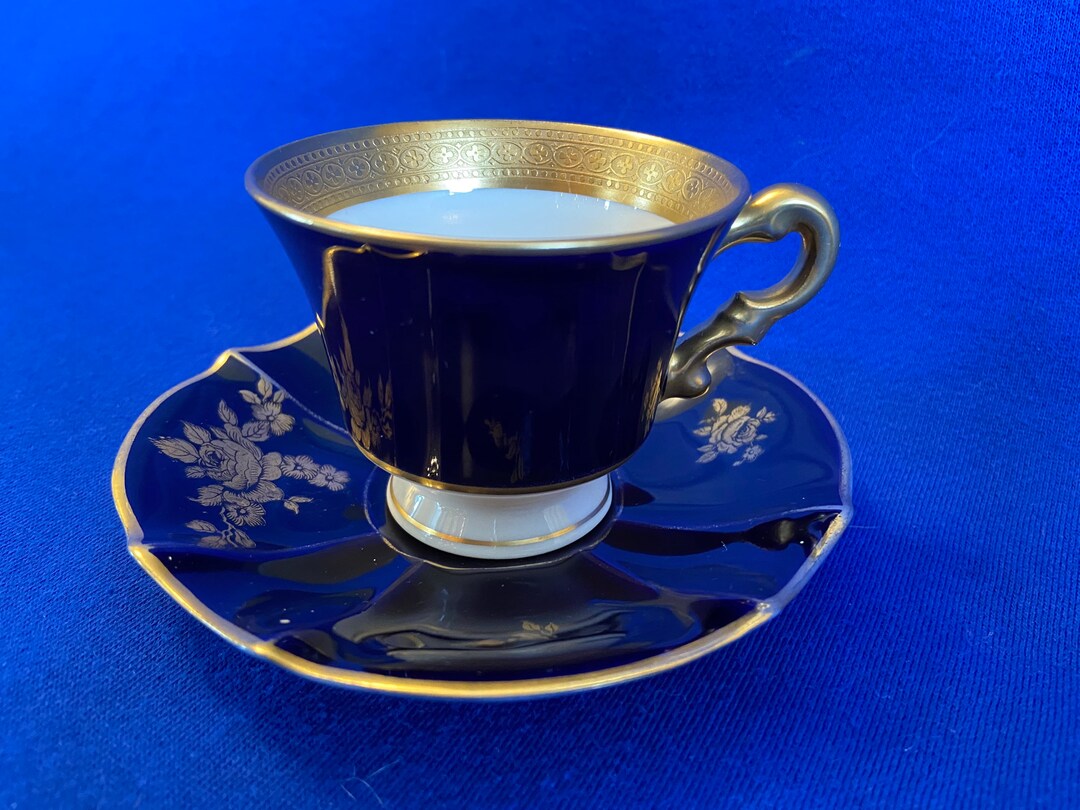 Vintage Cobalt Blue Demitasse Cup and Saucer, High Gloss, Gold Trim