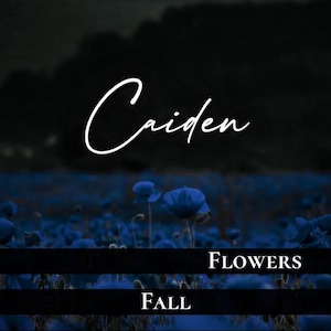 Peut inclure: Une bougie bleu foncé avec le nom "Caiden" en écriture blanche. L'image comprend les mots "Flowers", "Fall" et "Patience". La bougie est coulée à la main et contient 85g de cire de soja 100%.