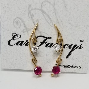 1RubyCZ w/1ClearCZ Ear Climber, Ear-Pin, Ear Vine, Bobby-pin Slide-On Earring presented by ©HARRY MASON® Multi Pierce Look JULY Birthstone