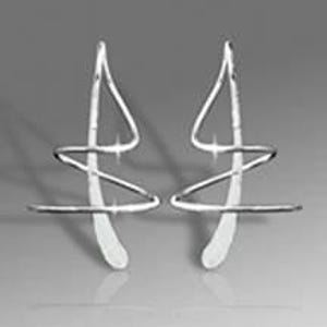 May include: A pair of silver earrings with a modern, abstract design. The earrings are made of thin, twisted wire that forms a series of loops and curves.