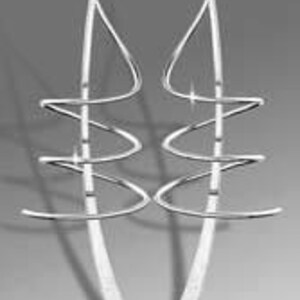 May include: A pair of long, silver earrings with a twisted, abstract design. The earrings are made of a single piece of wire that is twisted and turned to create a unique and modern look.