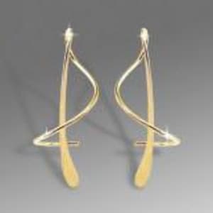 May include: A pair of gold-toned, open-loop earrings with a twisted, abstract design.