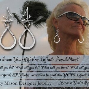 May include: Silver infinity symbol earrings with a delicate wire design. The earrings are worn by a woman with blonde hair and sunglasses. The text "Do you know Your Life has Infinite Possibilities?" is displayed below the image.