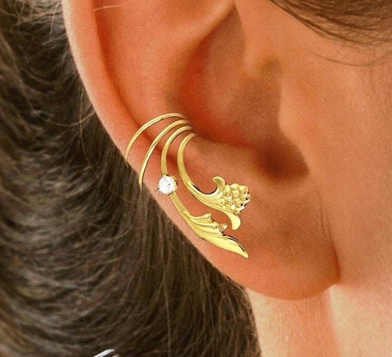 Clip-on EARCUFF Leaf/flower/cz, Gold/silver, Covers Lobe