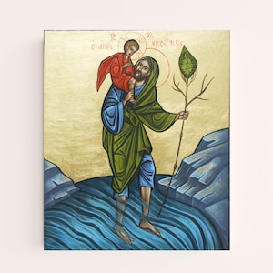 Saint Christopher icon, Religious Wall Art, Handmade Greek Orthodox icon on wood. orthodox gift.
